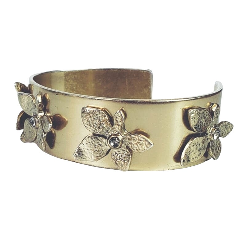 Kenneth Cole Reaction Gold Tone Floral Cuff Bracelet Rhinestone